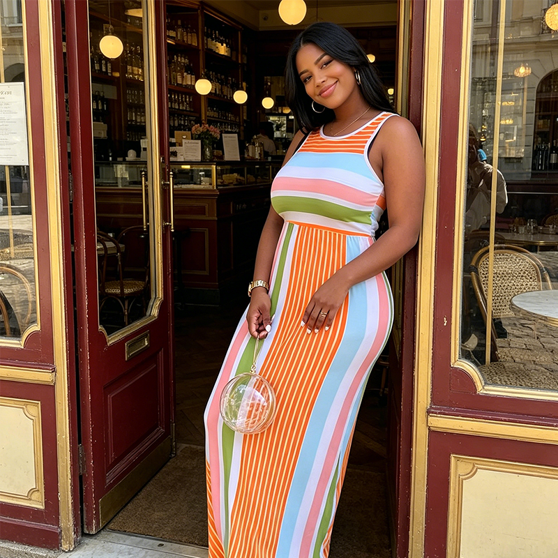 Robe Longue Moulante à Rayures Sans Manches pour Femme