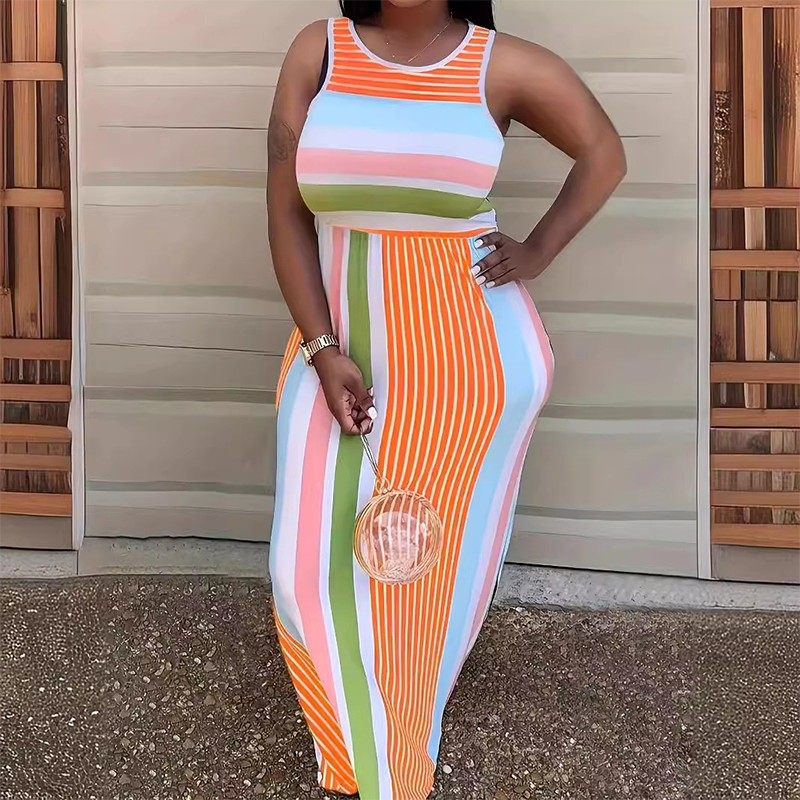 Robe Longue Moulante à Rayures Sans Manches pour Femme