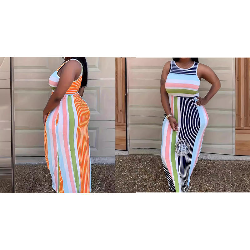 Robe Longue Moulante à Rayures Sans Manches pour Femme