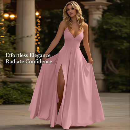 💐50% DE RÉDUCTION ! Robe Longue Décontractée – Col V, Bretelles Fines, Fente Haute 🌸🦋【Offre Limitée】