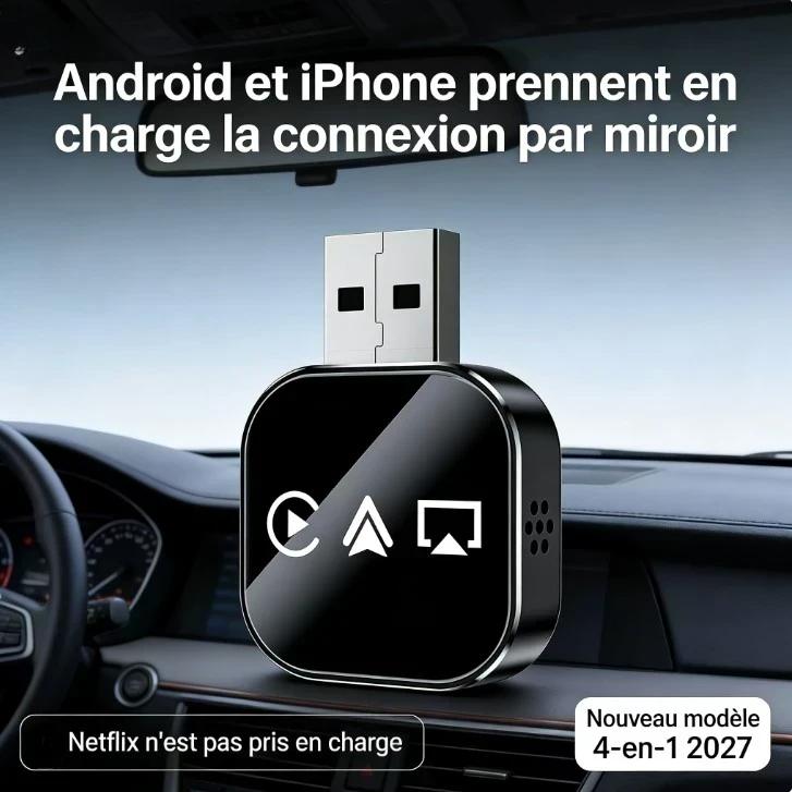 🔥‑50% PROMO FLASH🚗 Adaptateur CarPlay sans fil 4‑en‑1, plug‑and‑play, convertit filaire en sans fil pour iPhone et Android ✨📱