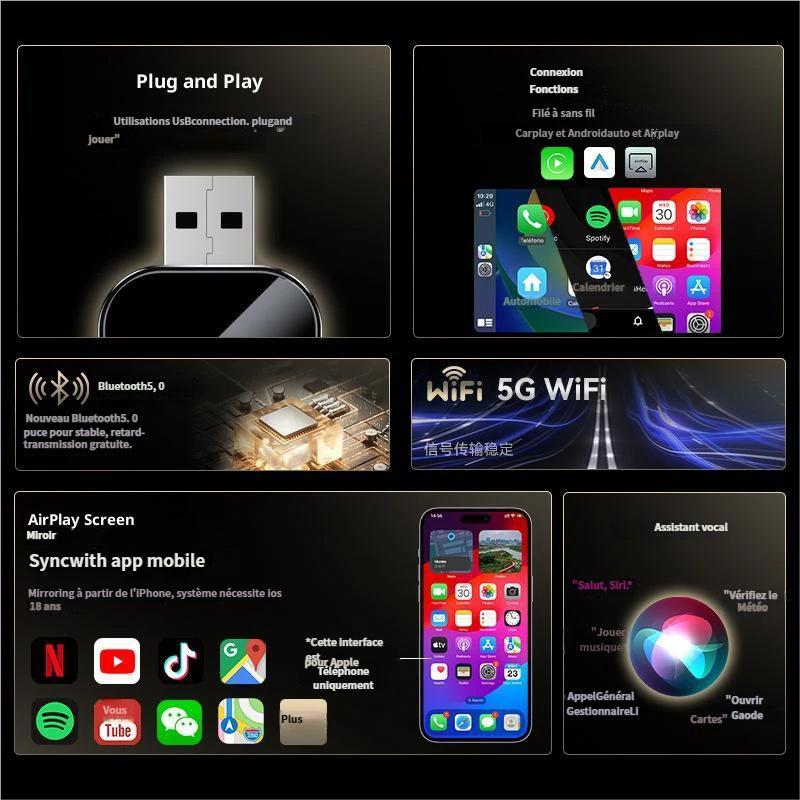 🔥‑50% PROMO FLASH🚗 Adaptateur CarPlay sans fil 4‑en‑1, plug‑and‑play, convertit filaire en sans fil pour iPhone et Android ✨📱