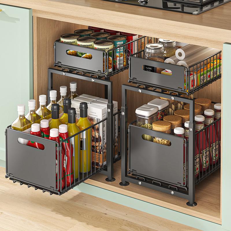 📢📢50 % DE RÉDUCTION !! ⏰Organisateur de placard à double étagère coulissante – 5 réglages en hauteur, 2 niveaux coulissants, acier au carbone et grande capacité – Aucun montage nécessaire ✨