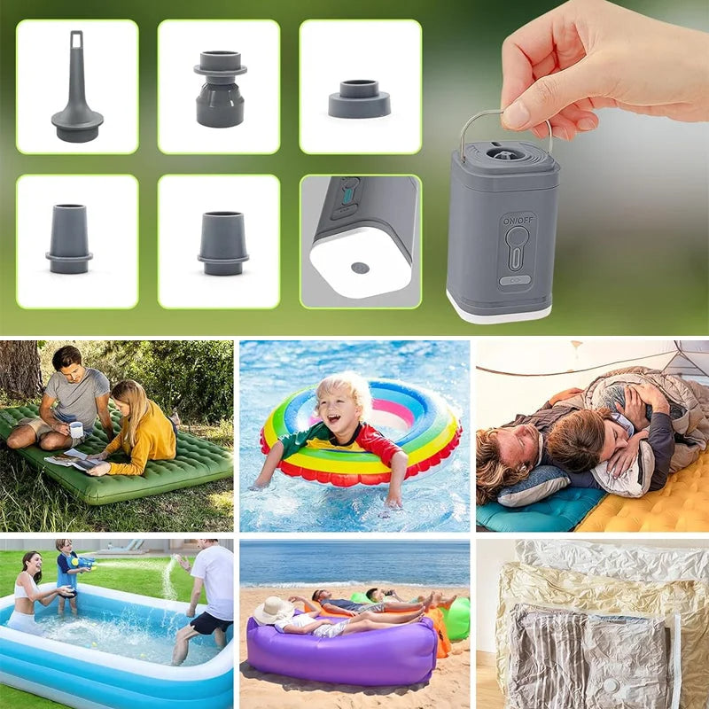 🏕️ Pompe à air rechargeable pour le camping – Éclairage LED, gonflage rapide, compacte 🔋