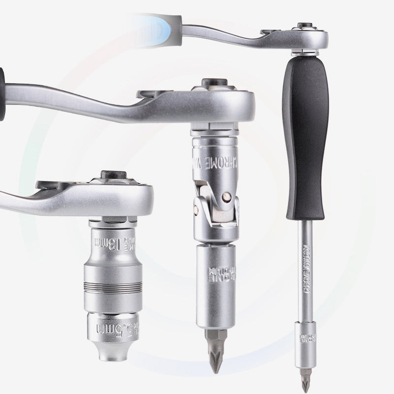 🔧📐Coffret douilles universel, cliquet angle réduit avec rallonge‑cardan, pour auto moto et meubles🚗✨