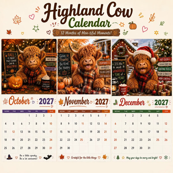🎉 Vente 2026 — Plus de 18 900 vendus!🔥 Calendrier mural « Highland Cow » 2027