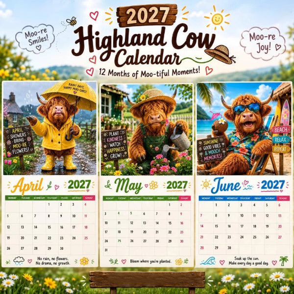 🎉 Vente 2026 — Plus de 18 900 vendus!🔥 Calendrier mural « Highland Cow » 2027