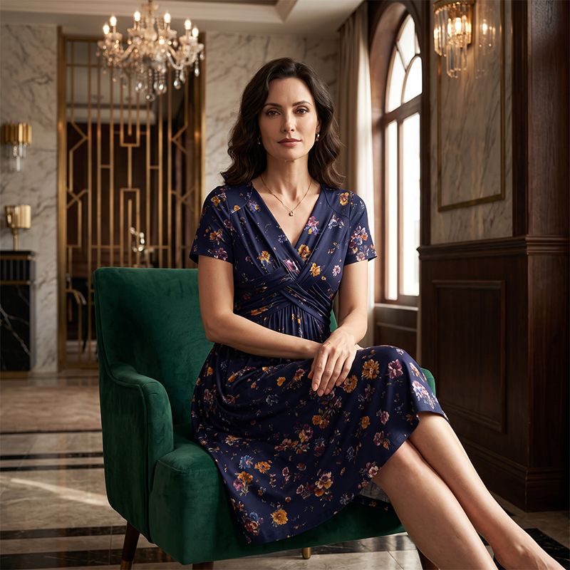 Robe femme à col en V, imprimé floral et taille torsadée
