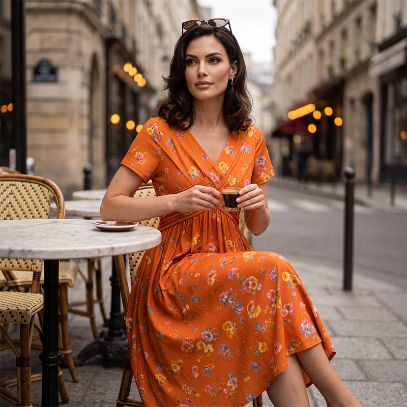 Robe femme à col en V, imprimé floral et taille torsadée