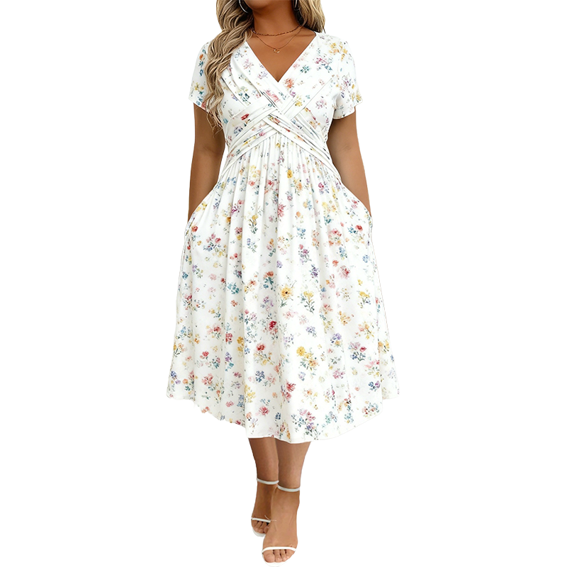 Robe femme à col en V, imprimé floral et taille torsadée