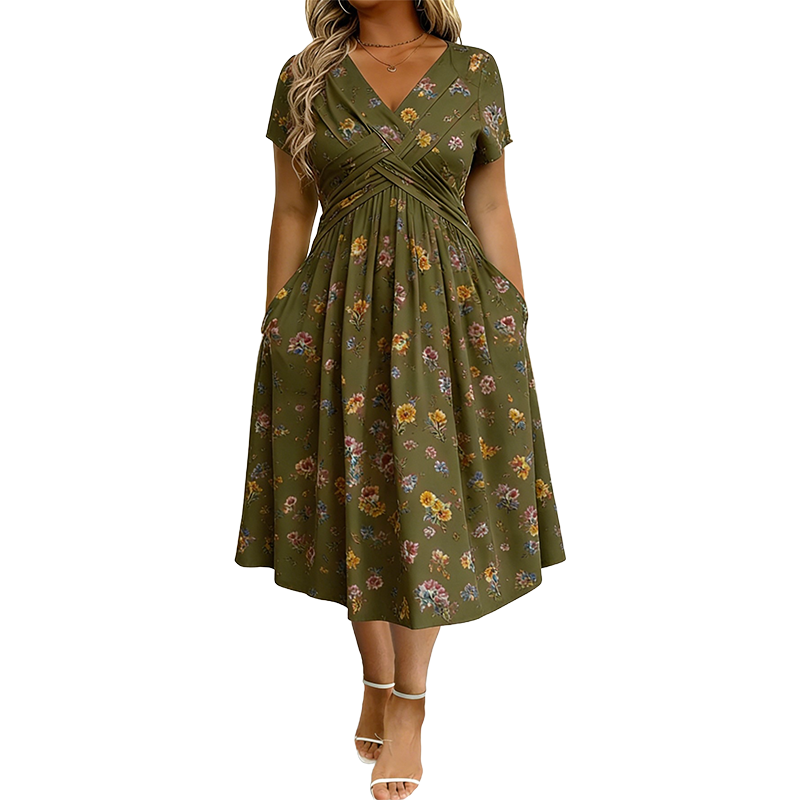 Robe femme à col en V, imprimé floral et taille torsadée