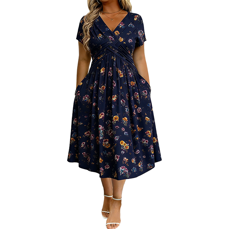 Robe femme à col en V, imprimé floral et taille torsadée
