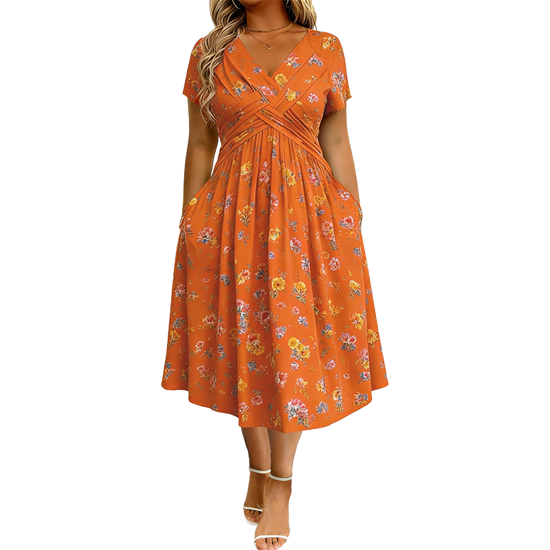 Robe femme à col en V, imprimé floral et taille torsadée