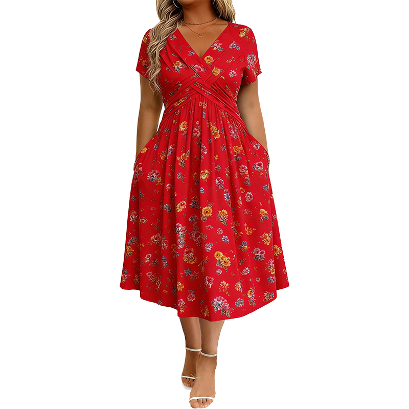 Robe femme à col en V, imprimé floral et taille torsadée