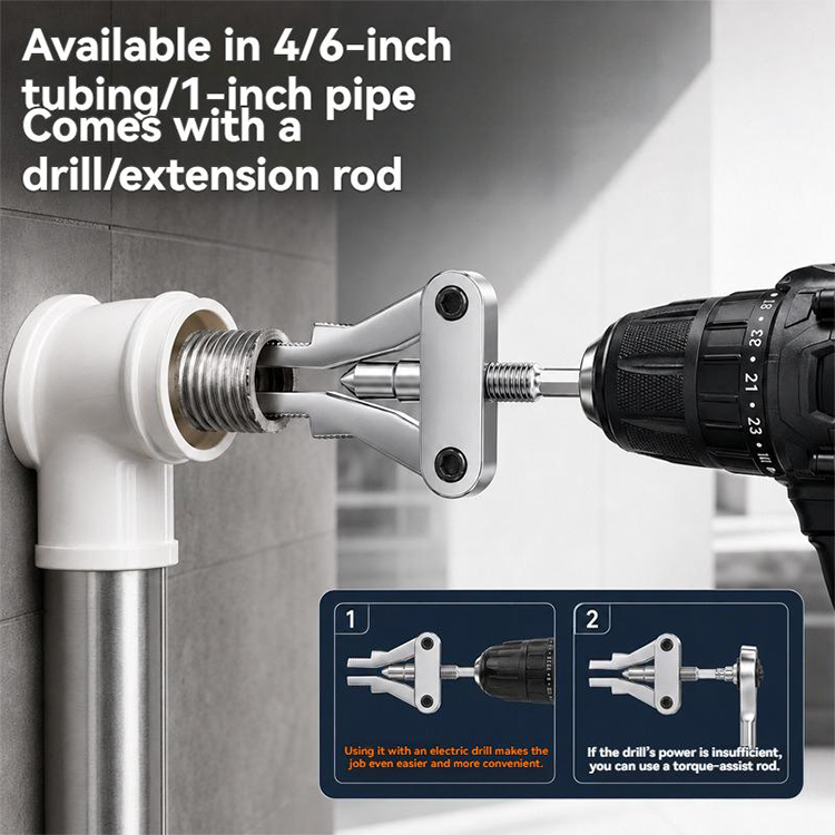 🔧🚰 Outil extracteur de tuyaux – Acier robuste, compatible 1/2″, 3/4″ et 1″, double entraînement perceuse/manuel, le sauveur des raccords grippés et des filetages cassés dans la salle de bain et la cuisine 🔩💪
