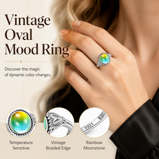 Bague d'humeur ovale vintage à couleur changeante selon la température, ornée de cœurs