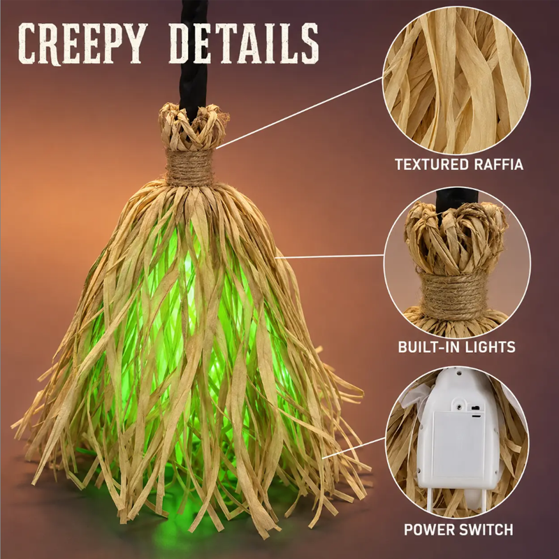 🧙‍♀️🎃 Décoration Halloween balai de sorcière animé – Lumières et sons, mouvement réaliste, transformez votre entrée ou votre salon en repaire de sorcière pour une nuit d’épouvante mémorable 👻🕯️