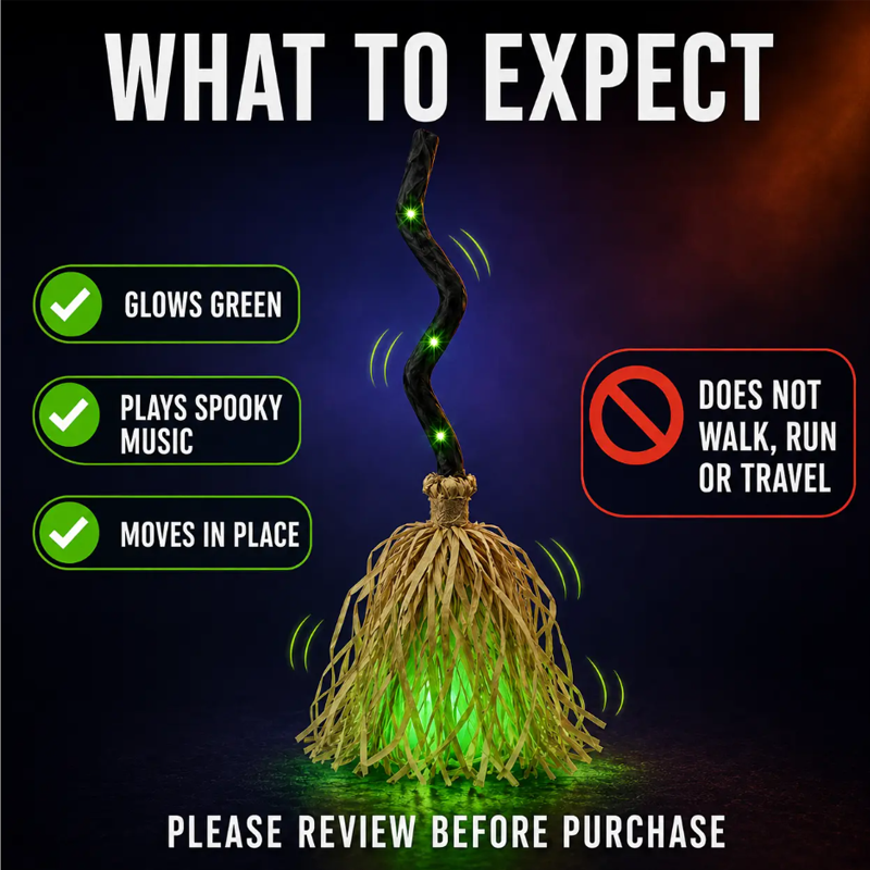 🧙‍♀️🎃 Décoration Halloween balai de sorcière animé – Lumières et sons, mouvement réaliste, transformez votre entrée ou votre salon en repaire de sorcière pour une nuit d’épouvante mémorable 👻🕯️