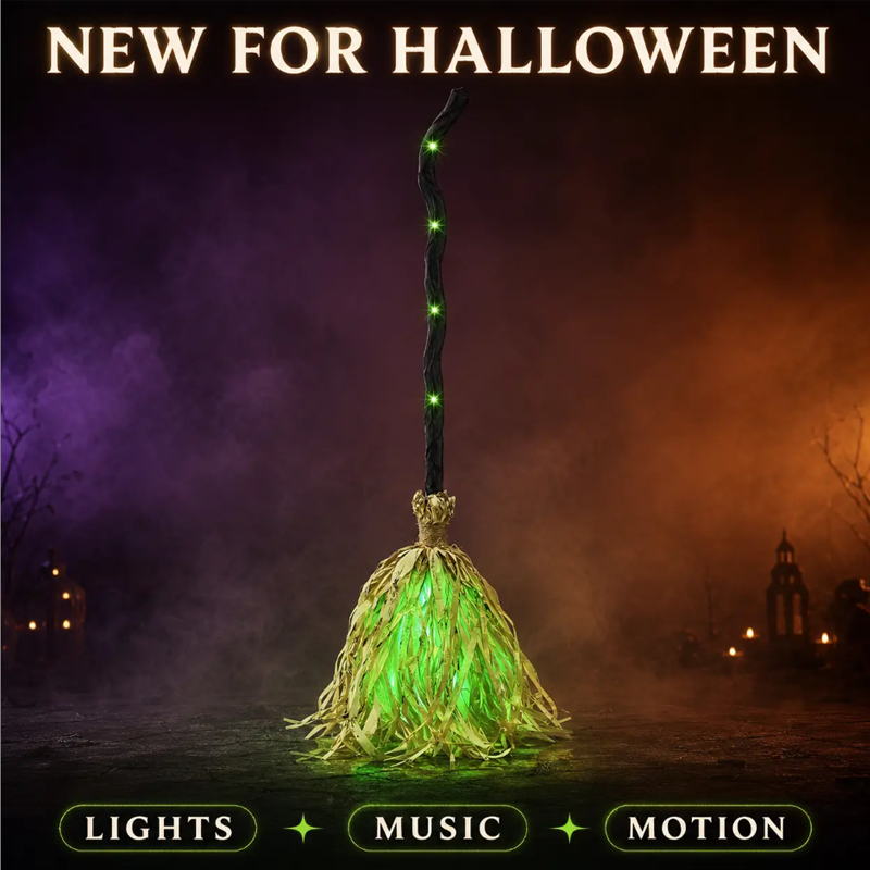 🧙‍♀️🎃 Décoration Halloween balai de sorcière animé – Lumières et sons, mouvement réaliste, transformez votre entrée ou votre salon en repaire de sorcière pour une nuit d’épouvante mémorable 👻🕯️