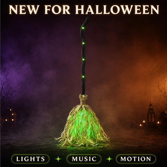 🧙‍♀️🎃 Décoration Halloween balai de sorcière animé – Lumières et sons, mouvement réaliste, transformez votre entrée ou votre salon en repaire de sorcière pour une nuit d’épouvante mémorable 👻🕯️