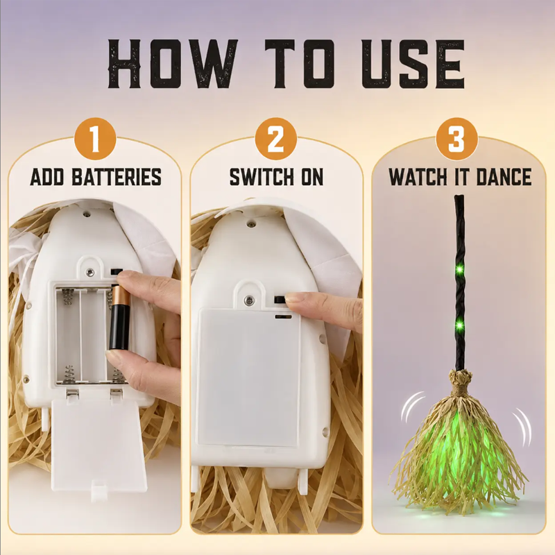 🧙‍♀️🎃 Décoration Halloween balai de sorcière animé – Lumières et sons, mouvement réaliste, transformez votre entrée ou votre salon en repaire de sorcière pour une nuit d’épouvante mémorable 👻🕯️