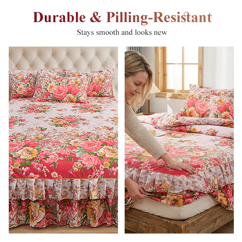 🛏️ 50% DE RÉDUCTION! 🌷 Cache-Sommier 3 Pièces à Fleurs et Volants – Coton haute densité, 5 tailles & jupes – Parfait pour une chambre romantique ✨