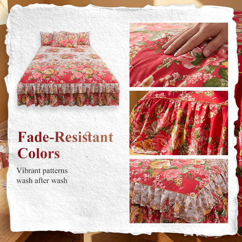🛏️ 50% DE RÉDUCTION! 🌷 Cache-Sommier 3 Pièces à Fleurs et Volants – Coton haute densité, 5 tailles & jupes – Parfait pour une chambre romantique ✨