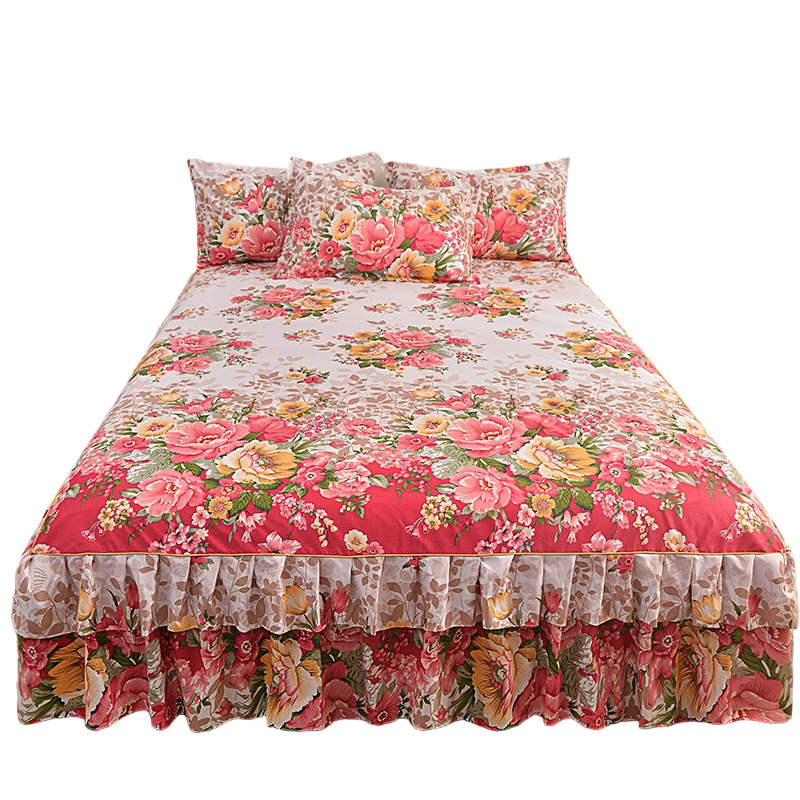 🛏️ 50% DE RÉDUCTION! 🌷 Cache-Sommier 3 Pièces à Fleurs et Volants – Coton haute densité, 5 tailles & jupes – Parfait pour une chambre romantique ✨