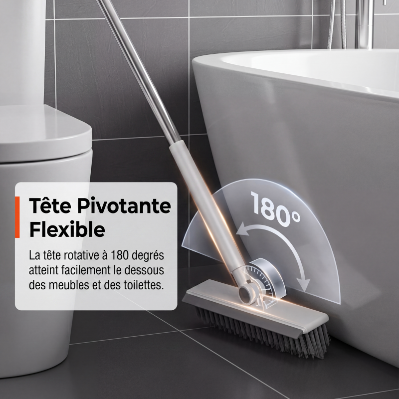 🧹 Brosse de nettoyage 2-en-1 – Poils résistants + raclette en caoutchouc, manche long ergonomique en inox – Tête pivotante 120°, rangement mural – Idéale pour sols, murs et carrelage 🚿✨