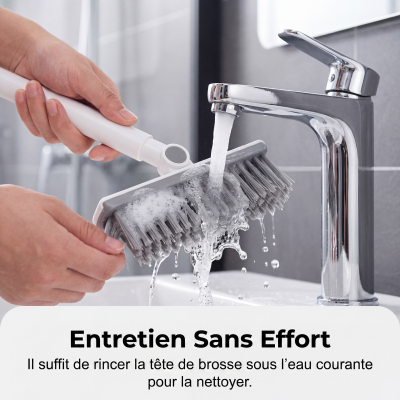 🧹 Brosse de nettoyage 2-en-1 – Poils résistants + raclette en caoutchouc, manche long ergonomique en inox – Tête pivotante 120°, rangement mural – Idéale pour sols, murs et carrelage 🚿✨