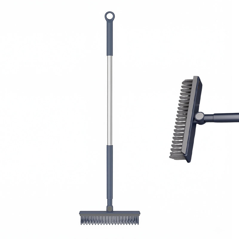 🧹 Brosse de nettoyage 2-en-1 – Poils résistants + raclette en caoutchouc, manche long ergonomique en inox – Tête pivotante 120°, rangement mural – Idéale pour sols, murs et carrelage 🚿✨