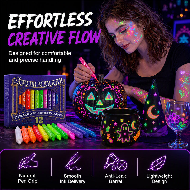🔥PROMO 50% ! Stylos tatouage phosphorescents ✨ Brillent sous lumière noire, sans danger, s’effacent au lavage, fêtes et anniversaires 🎉