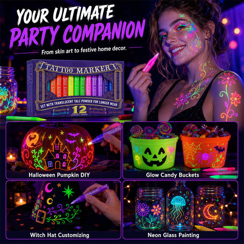 🔥PROMO 50% ! Stylos tatouage phosphorescents ✨ Brillent sous lumière noire, sans danger, s’effacent au lavage, fêtes et anniversaires 🎉