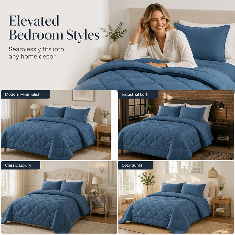 🛏️🧵 Parure de couette matelassée 3 pièces – Microfibre brossée, respirante et adaptée à toute saison