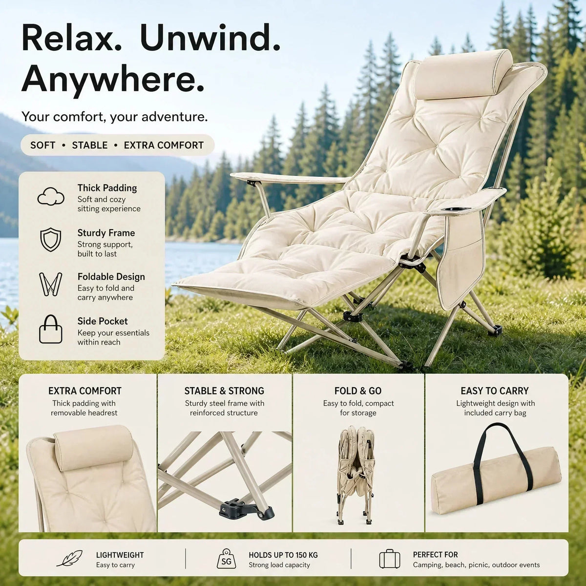 🔥 50% DE RÉDUCTION ! 🪑 Fauteuil inclinable pliable à 4 positions + repose-jambes