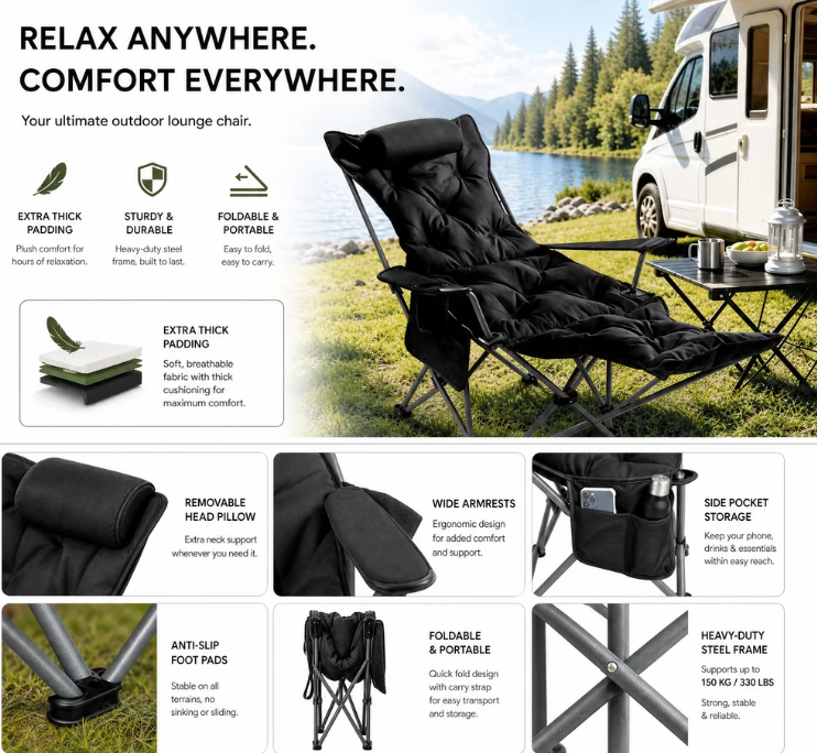 🔥 50% DE RÉDUCTION ! 🪑 Fauteuil inclinable pliable à 4 positions + repose-jambes