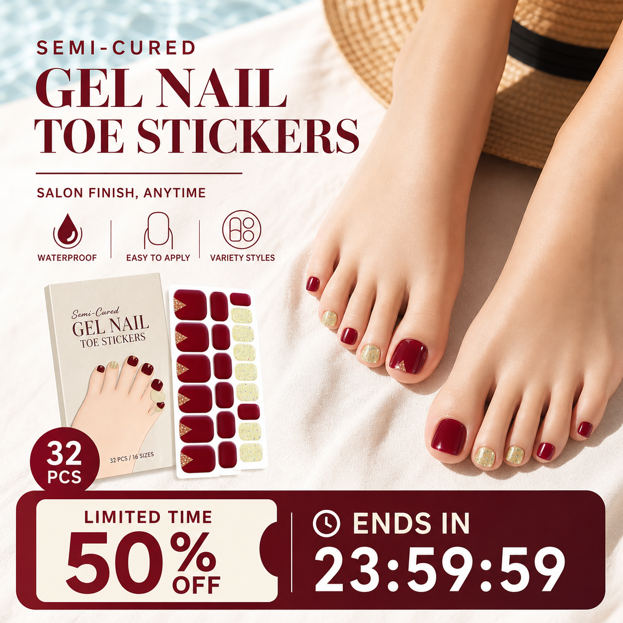 🔥 50% DE RÉDUCTION ! ✨Autocollants pour ongles de pieds en gel semi-durci