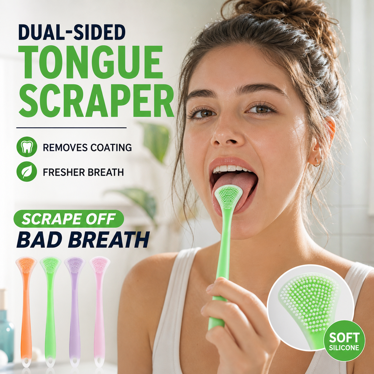 💥🔥‑50% Réduction  ! Grattoir lingual silicone double face 🦷 Ergonomique, nettoyage en douceur, soin bucco‑dentaire au quotidien 💧