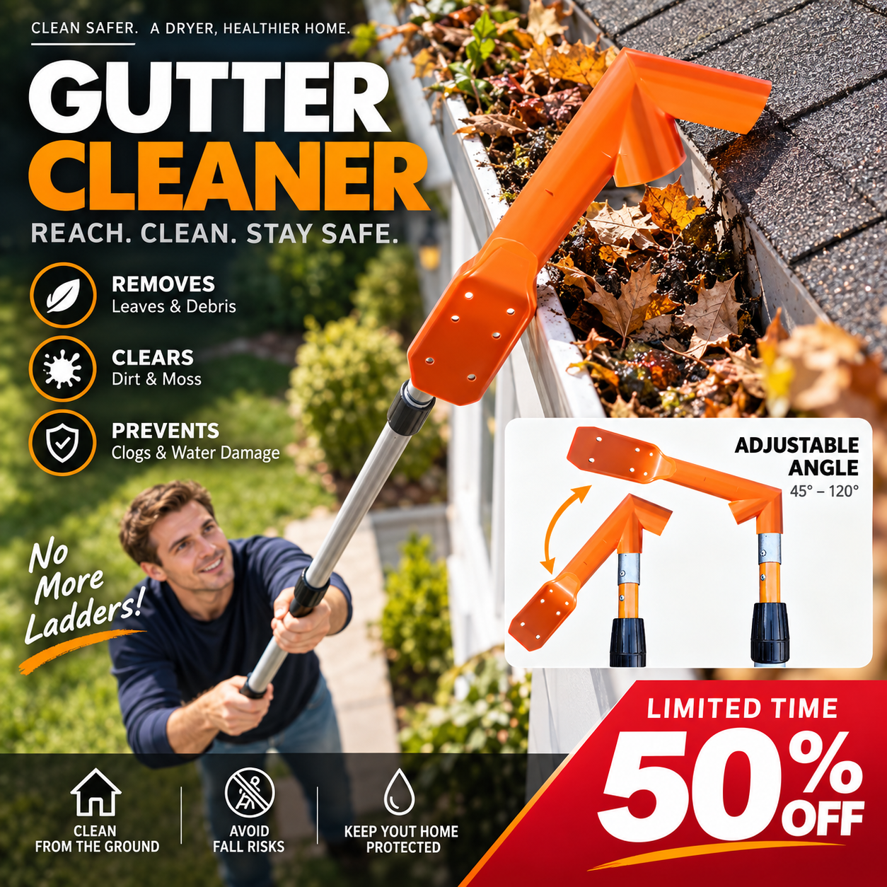 🔥 50% DE RÉDUCTION ! ✨Outil de nettoyage de gouttières  No-Climb