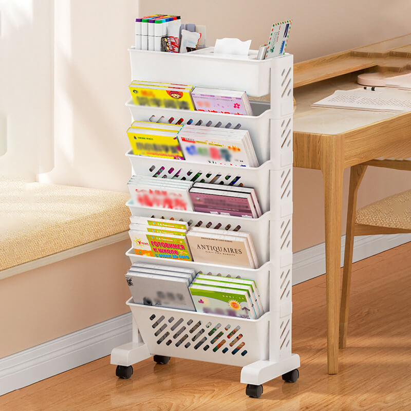 📚 OFFRE À DURÉE LIMITÉE : 50 % DE RÉDUCTION !  Bibliothèque mobile sur roulettes – 5/6 étagères, inclinaison à 45°, roulettes verrouillables 📖