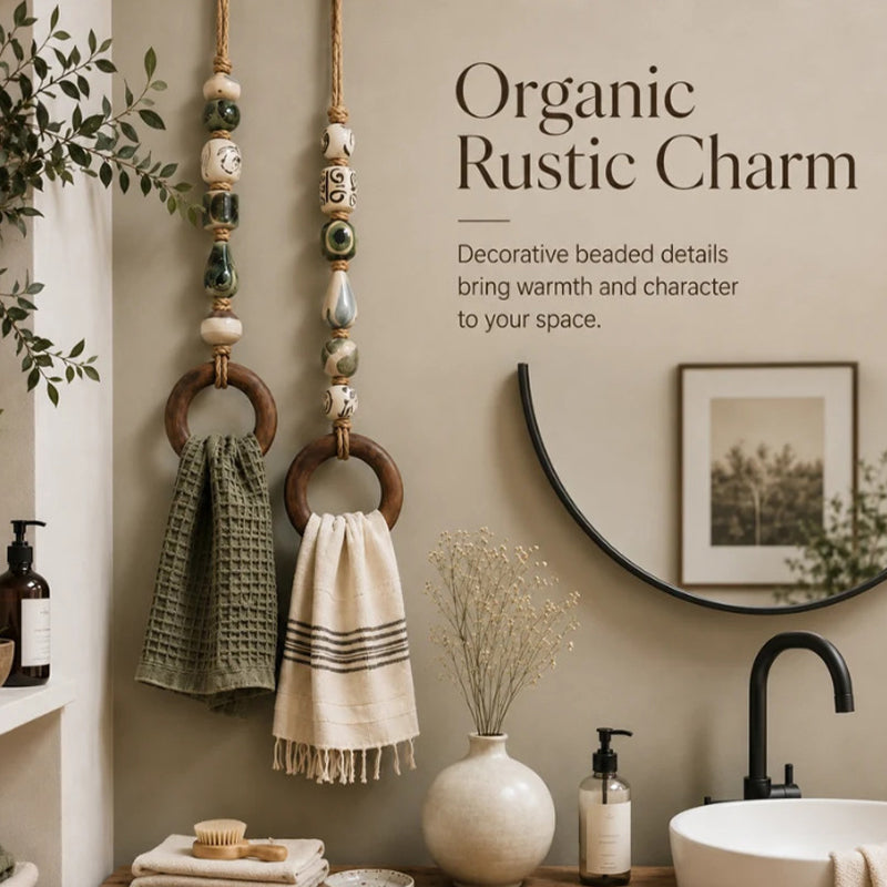 🧺🌸 Porte-serviette décoratif en perles – Perles en céramique, corde en jute et anneau en bois, une touche bohème et naturelle pour votre salle de bain ou cuisine 🏡