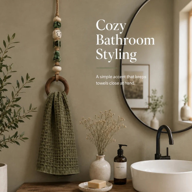 🧺🌸 Porte-serviette décoratif en perles – Perles en céramique, corde en jute et anneau en bois, une touche bohème et naturelle pour votre salle de bain ou cuisine 🏡