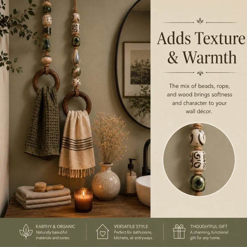 🧺🌸 Porte-serviette décoratif en perles – Perles en céramique, corde en jute et anneau en bois, une touche bohème et naturelle pour votre salle de bain ou cuisine 🏡