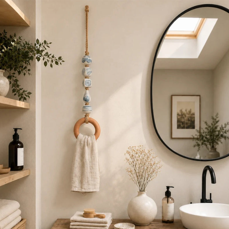 🧺🌸 Porte-serviette décoratif en perles – Perles en céramique, corde en jute et anneau en bois, une touche bohème et naturelle pour votre salle de bain ou cuisine 🏡