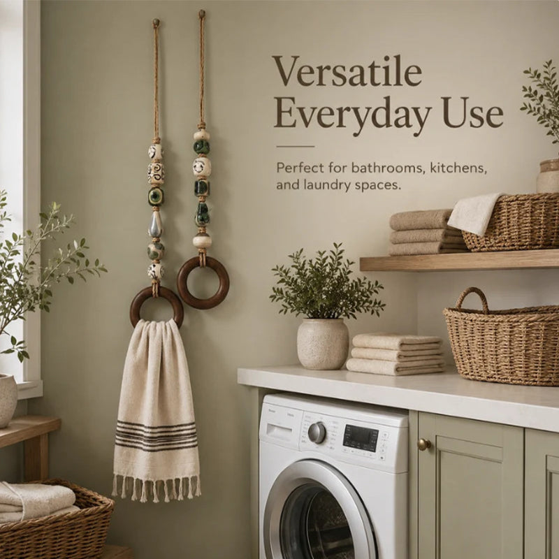 🧺🌸 Porte-serviette décoratif en perles – Perles en céramique, corde en jute et anneau en bois, une touche bohème et naturelle pour votre salle de bain ou cuisine 🏡