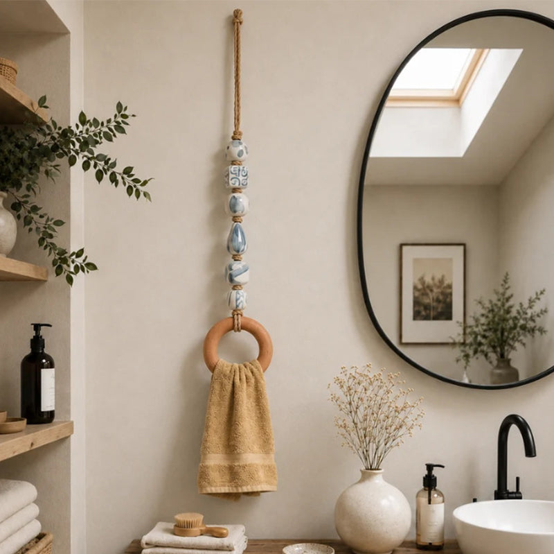 🧺🌸 Porte-serviette décoratif en perles – Perles en céramique, corde en jute et anneau en bois, une touche bohème et naturelle pour votre salle de bain ou cuisine 🏡