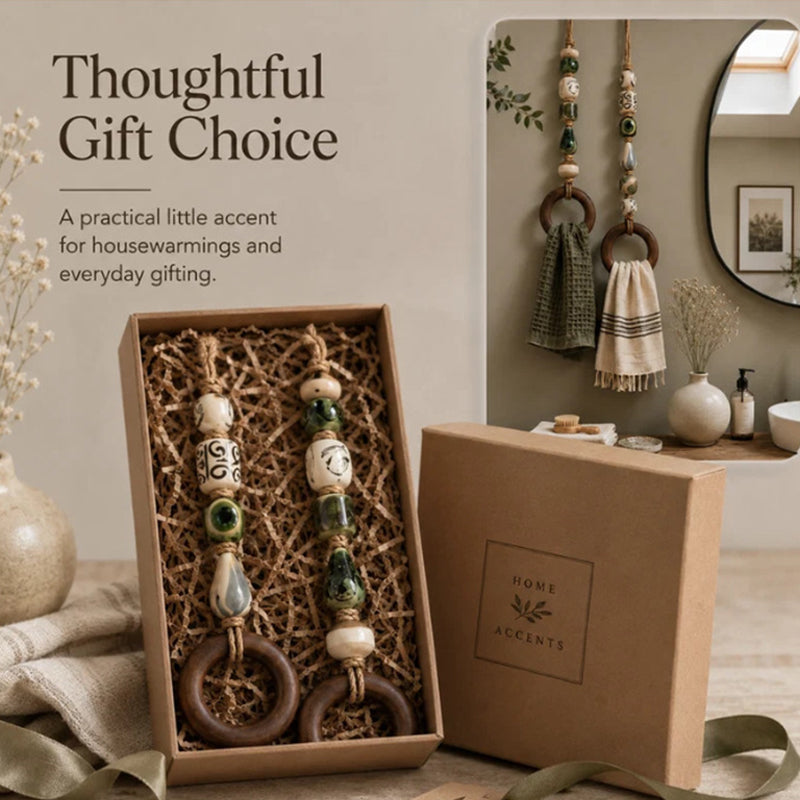 🧺🌸 Porte-serviette décoratif en perles – Perles en céramique, corde en jute et anneau en bois, une touche bohème et naturelle pour votre salle de bain ou cuisine 🏡