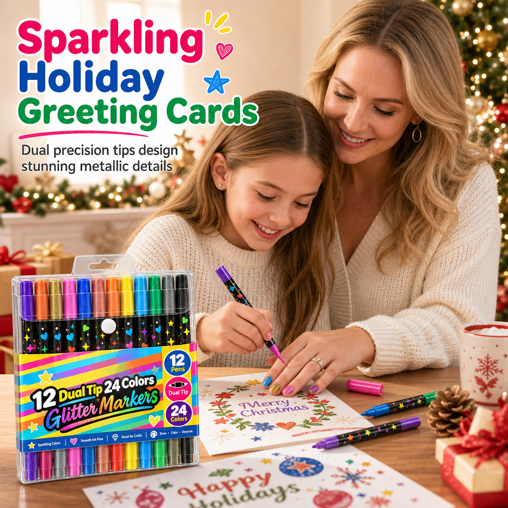 Lot de 12 feutres à paillettes et surligneurs à double pointe, 24 couleurs, stylos à pointe pinceau souple pour le dessin artistique étudiant
