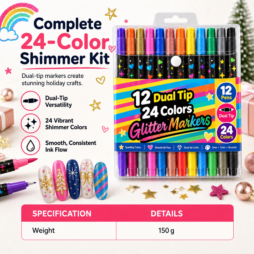 Lot de 12 feutres à paillettes et surligneurs à double pointe, 24 couleurs, stylos à pointe pinceau souple pour le dessin artistique étudiant