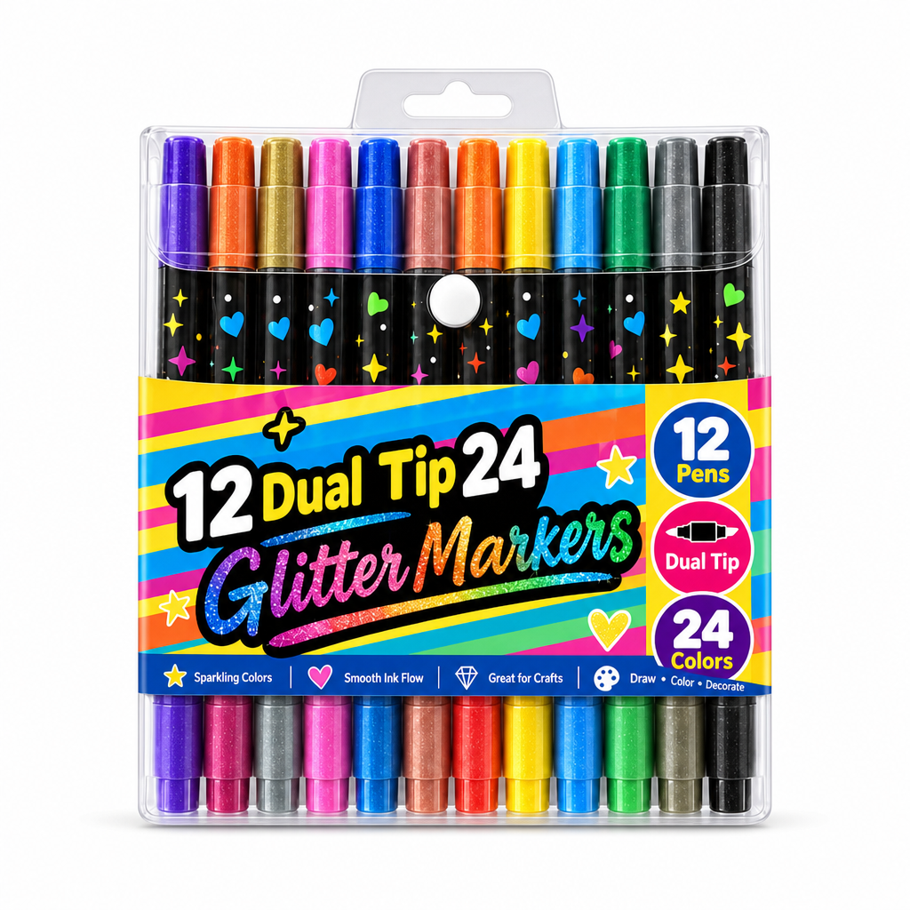 Lot de 12 feutres à paillettes et surligneurs à double pointe, 24 couleurs, stylos à pointe pinceau souple pour le dessin artistique étudiant
